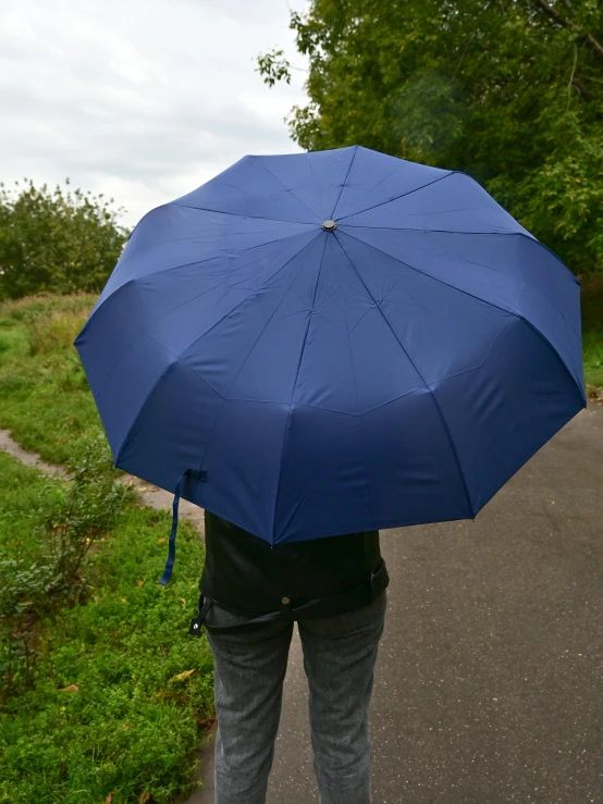 a person walking down a road holding a blue umbrella, product view, worn, navy-blue, colour photograph