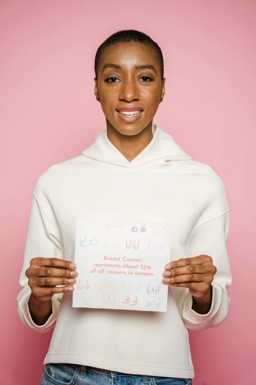 a woman holding a piece of paper in front of her face, by Arabella Rankin, ashteroth, product label, clean background, wearing turtleneck