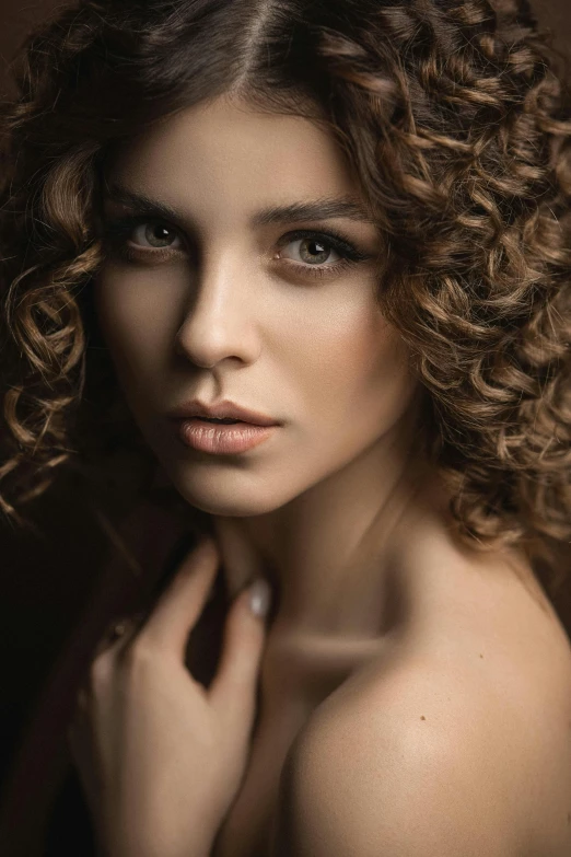 a woman with curly hair posing for a picture, a portrait, by Antoni Brodowski, pexels contest winner, soft light.4k, close - up studio photo, cgsociety uhd 4k highly detailed, brown haired