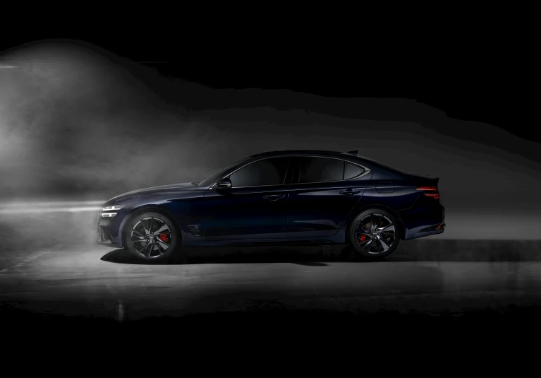 a blue car in the dark with smoke coming out of it, a digital rendering, inspired by An Gyeon, black steel with red trim, side profile, genesis, in gunmetal grey