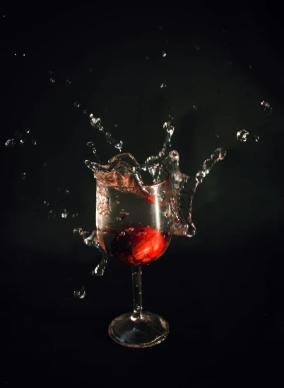 a glass of wine with a strawberry splashing out of it, pexels contest winner, renaissance, black splashes, avatar image, bubbles rising, waist high