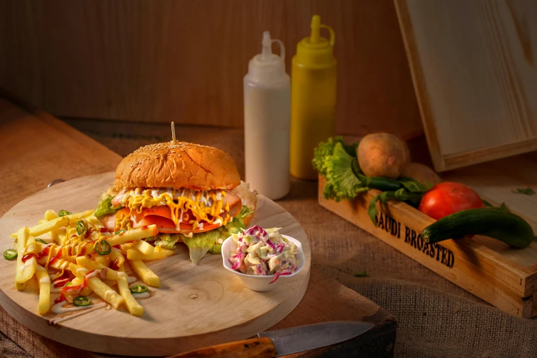 a wooden cutting board topped with a sandwich and fries, a portrait, by Dan Luvisi, pexels contest winner, jakarta, sub tropical, profile image, restaurant menu photo