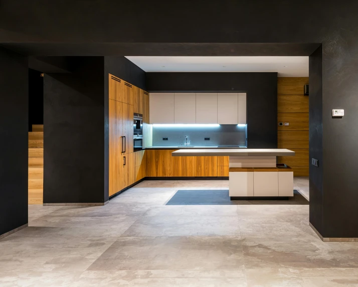 the kitchen is clean and ready for us to use, inspired by Bauhaus, unsplash contest winner, concrete hitech interior, photo taken at night, black and brown colors, big open floor 8 k