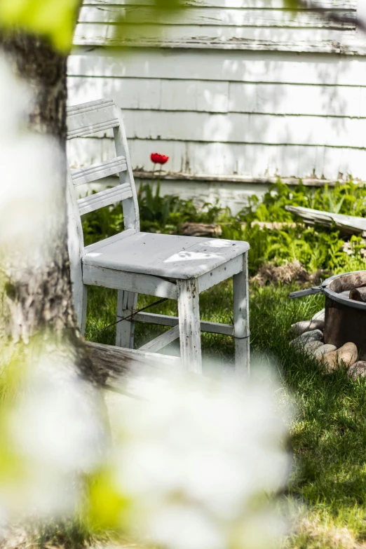 a chair sitting in the grass next to a tree, a still life, inspired by Annabel Kidston, pexels contest winner, white finish, grey, distressed, fire pit