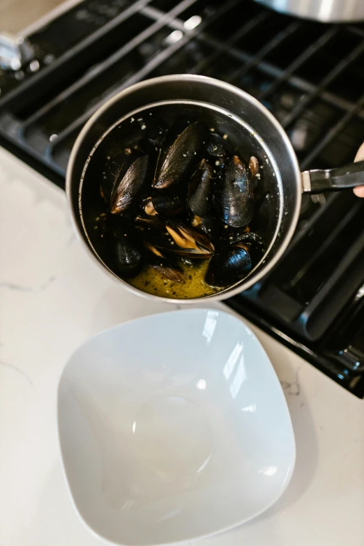 a person cooking mussels in a pan on a stove, fan favorite, liquid gold, assembled, kailee mandel