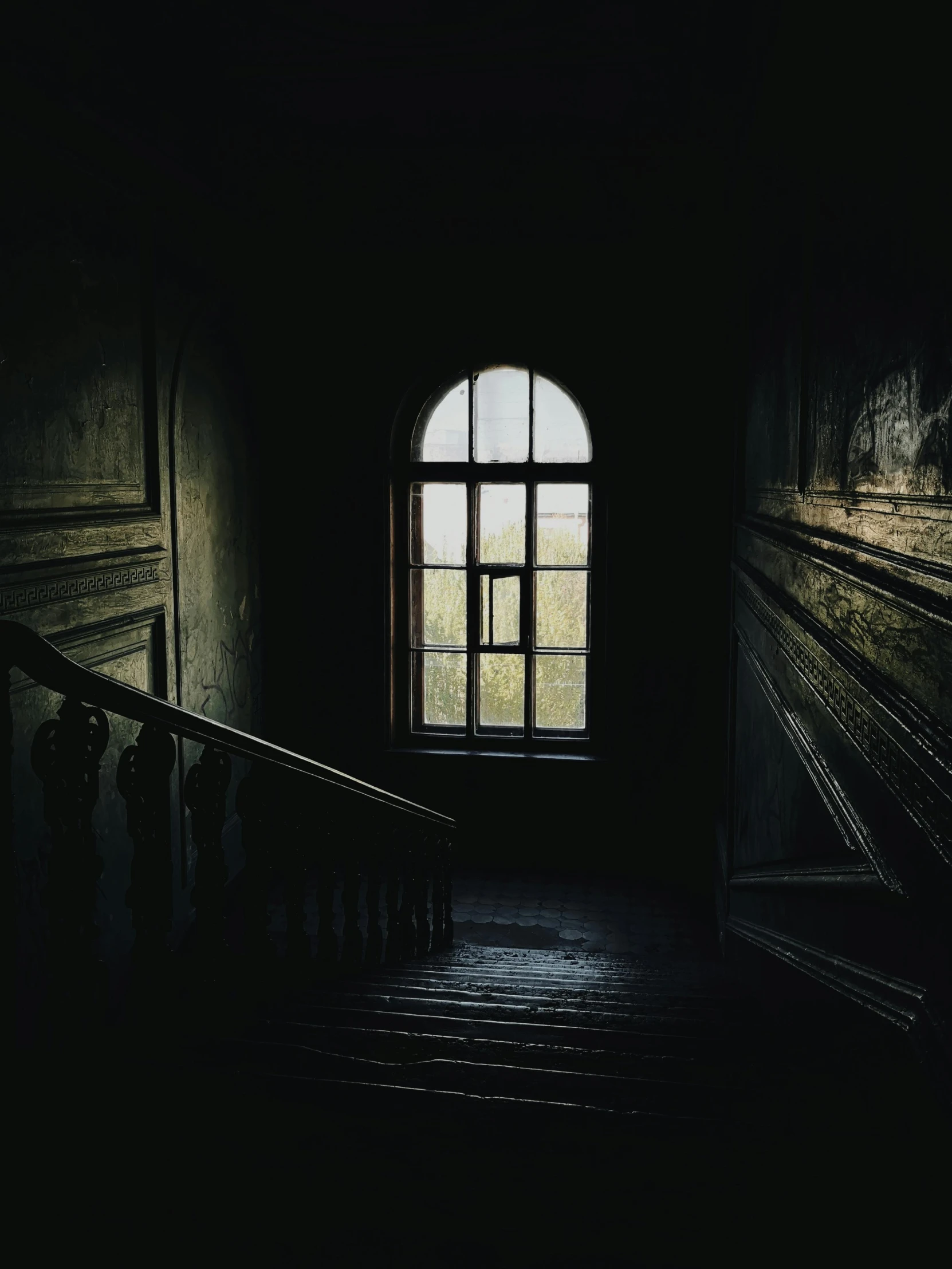 a dark room with a window and a set of stairs, pexels contest winner, baroque, faded and dusty, instagram post, dark background”, large open windows