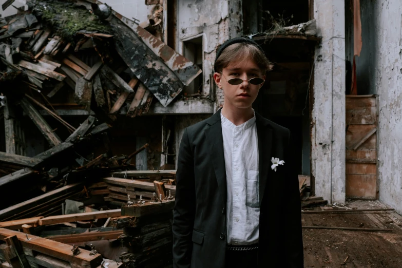 a man standing in front of a pile of rubble, an album cover, by Emma Andijewska, pexels contest winner, in suit with black glasses, portrait of 14 years old boy, portrait androgynous girl, in a desolate abandoned house