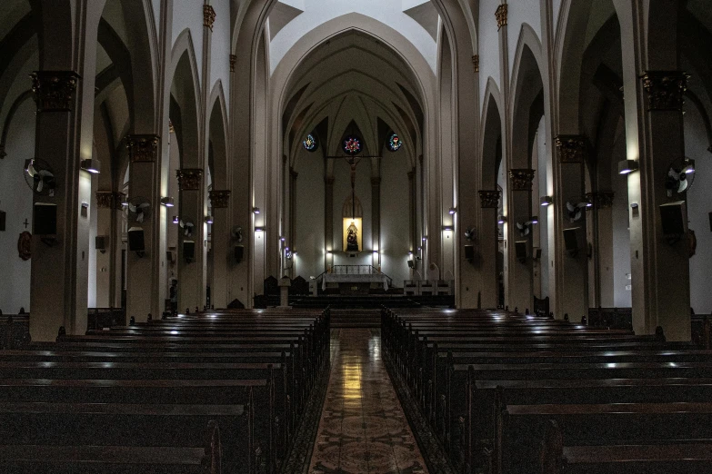 a church with pews and stained glass windows, a portrait, by Cagnaccio di San Pietro, unsplash contest winner, set at night, hyperrealism photo, 2 5 6 x 2 5 6 pixels, panoramic shot