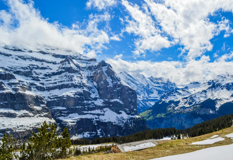 a man riding skis down a snow covered slope, a matte painting, by Daniel Seghers, pexels contest winner, les nabis, lauterbrunnen valley, with a snowy mountain and ice, meadows, a cozy