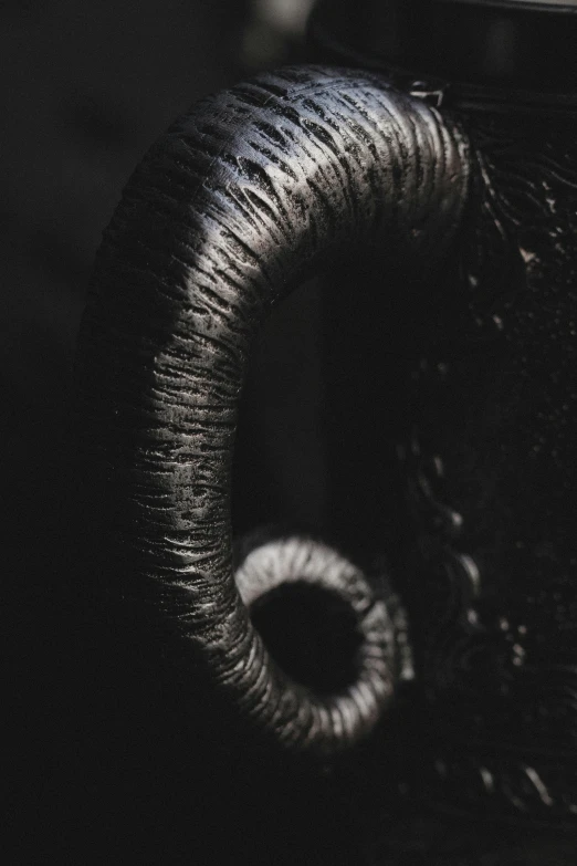 a close up of a tea pot on a table, an abstract sculpture, inspired by Giger, trending on pexels, hurufiyya, black textured, goat horns, detail texture, rope