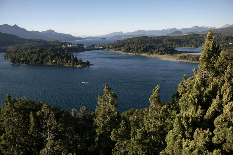 a large body of water surrounded by trees, by Alejandro Obregón, flickr, hurufiyya, lake in the background, slide show, promo image, wide high angle view