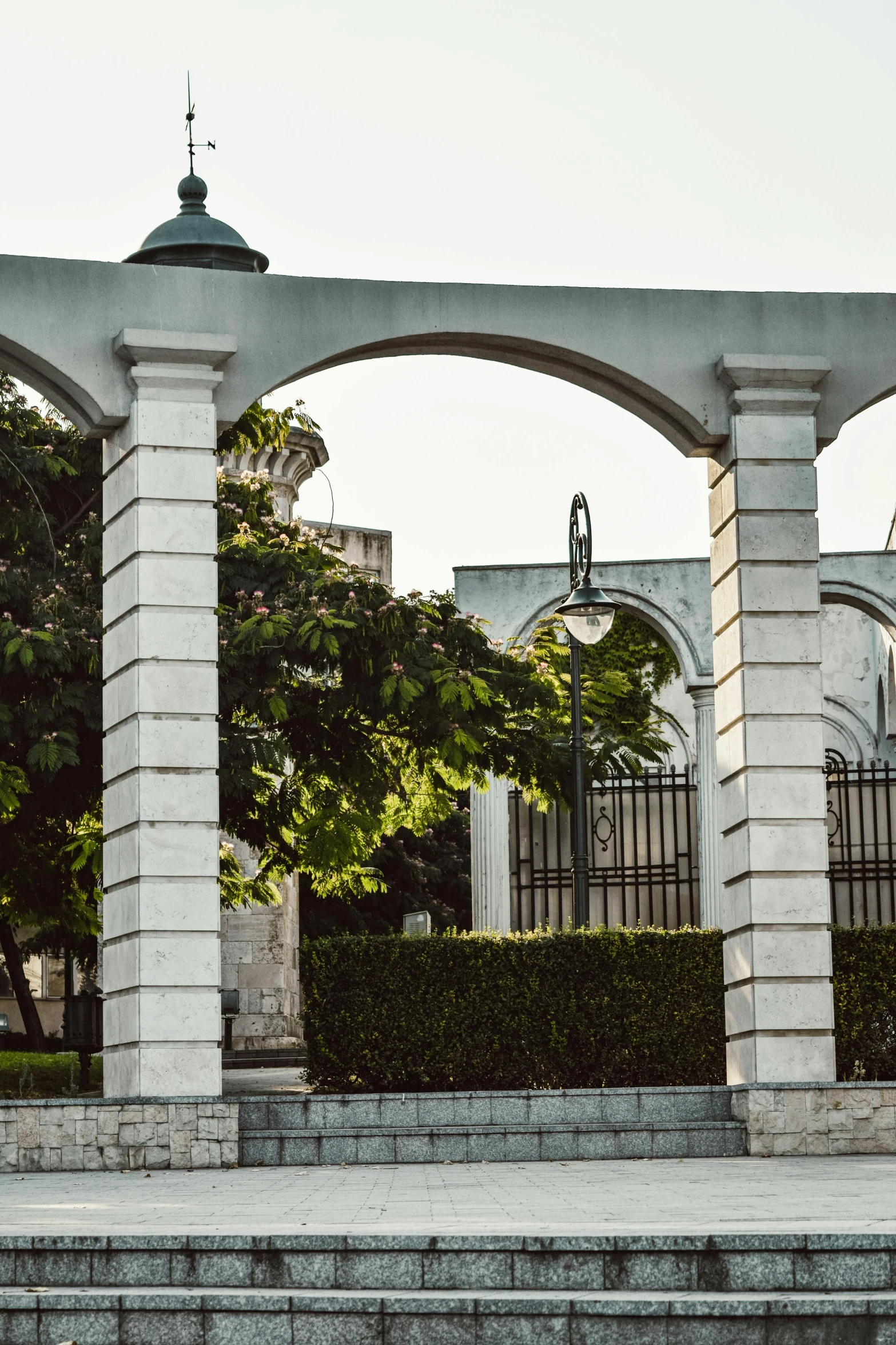 a man riding a skateboard down a flight of stairs, a marble sculpture, inspired by Mihály Munkácsy, unsplash, neoclassicism, archways made of lush greenery, puerto rico, outside the'school of magic ', view from across the street