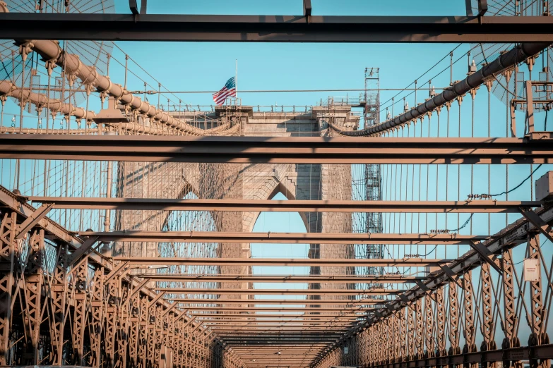 a view of the brooklyn bridge from the top of the bridge, a portrait, inspired by Christo, pexels contest winner, art nouveau, brown, steel archways, 2022 photograph, full frame image