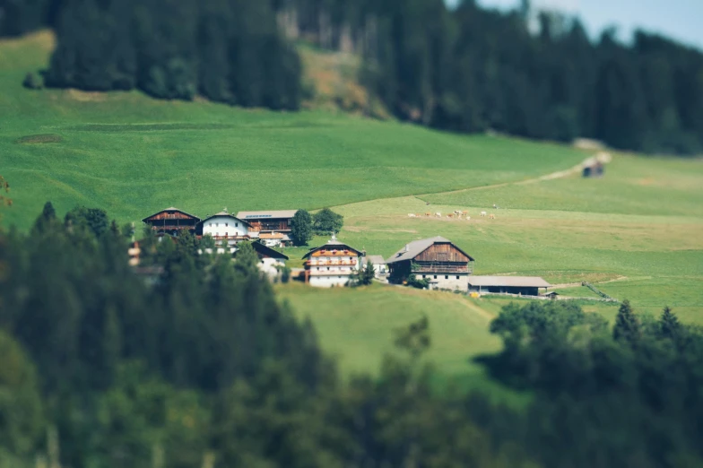 a group of houses sitting on top of a lush green hillside, a tilt shift photo, by Sebastian Spreng, unsplash, austria, 1 9 7 0 s photo, teaser, wide view of a farm