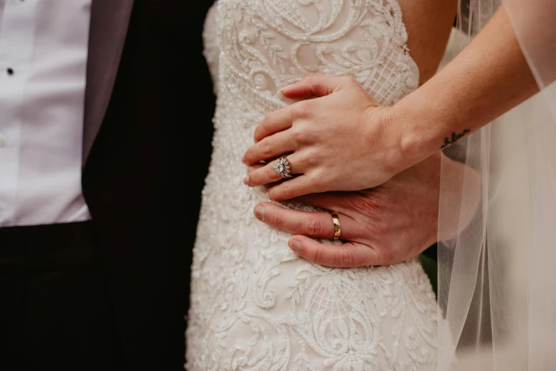 a man in a tuxedo and a woman in a wedding dress, by Arabella Rankin, pexels contest winner, her hand is on her waist, silver，ivory, thumbnail, stacked