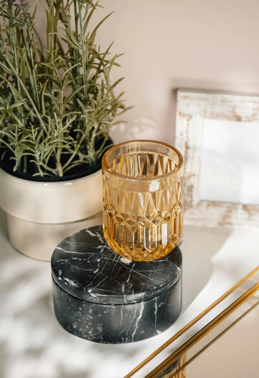 a glass sitting on top of a table next to a potted plant, trending on unsplash, baroque, black marble and gold, caramel, faceted, detailed product image