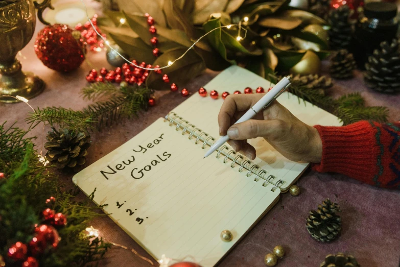 a person writing on a notepad surrounded by christmas decorations, by Julia Pishtar, new years eve, promo image, b