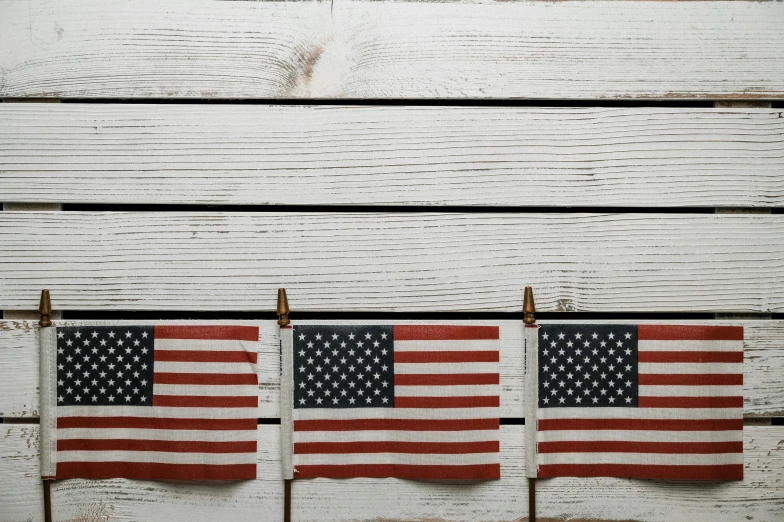 three american flags hanging on a clothes line, a portrait, trending on unsplash, american romanticism, white plank siding, background image
