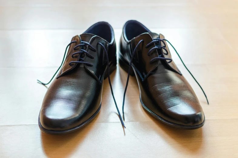 a pair of brown shoes sitting on top of a wooden floor, black tie, blue-black, black leather, smooth clean surfaces