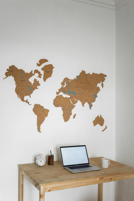 a laptop computer sitting on top of a wooden desk, mappa, wall art, made of cardboard, world machine