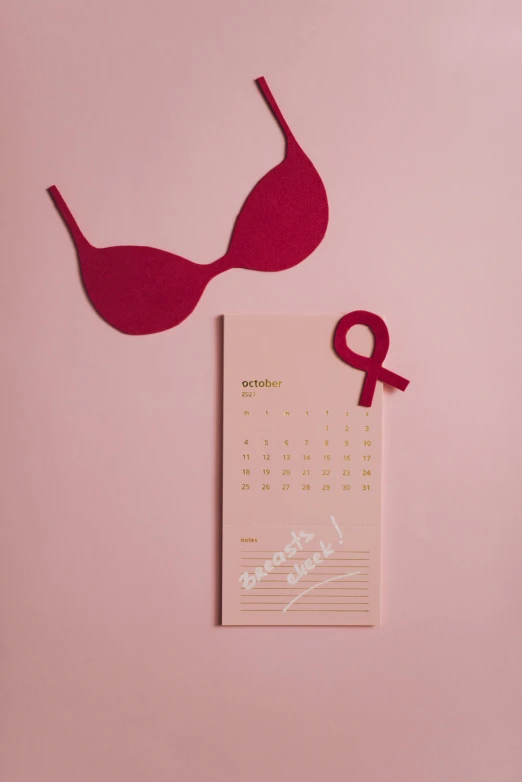 a piece of paper cut out of a bra, female calendar, hot pink and gold color scheme, red ribbon, product photograph