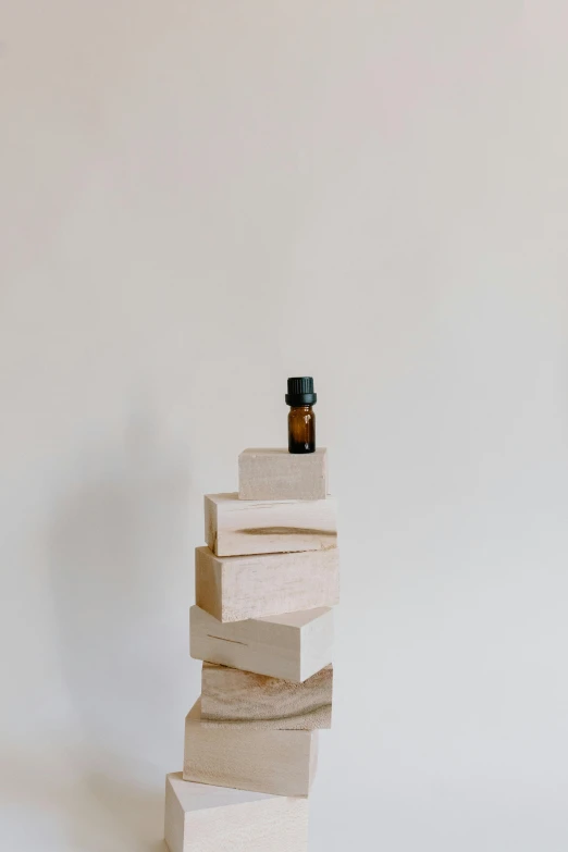 a bottle of essential oil sitting on top of a stack of books, an abstract sculpture, by Will Ellis, trending on pexels, white wood, blocks, full body image, ignant