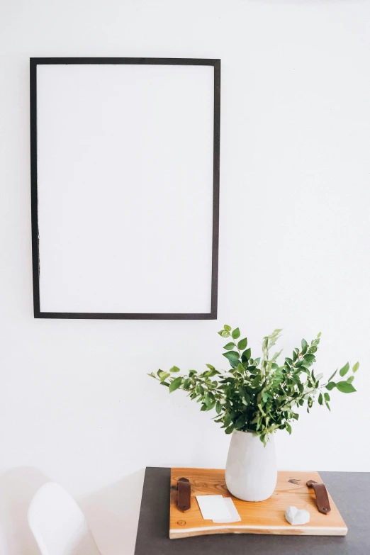 a table with a potted plant on top of it, a poster, by Carey Morris, trending on unsplash, postminimalism, iron frame, white backdrop, whiteboards, decorations
