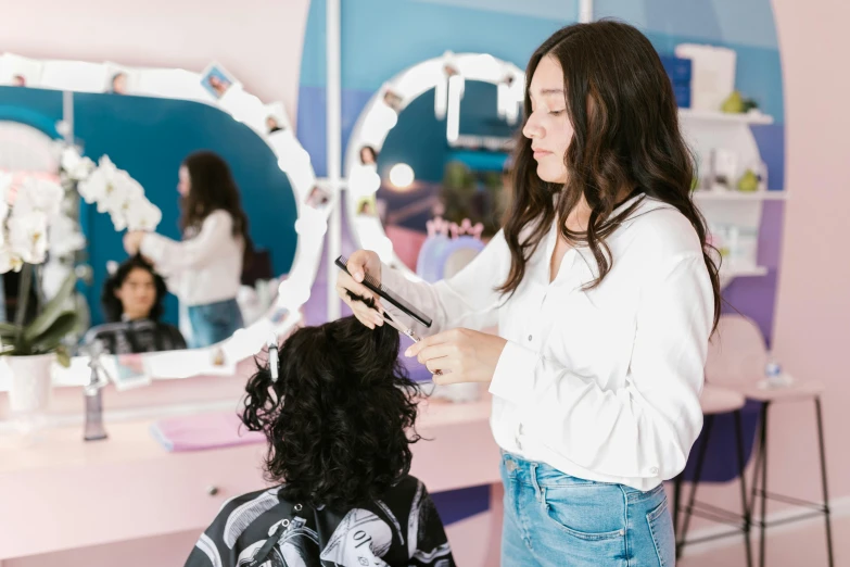 a woman cutting another woman's hair in front of a mirror, a cartoon, pexels contest winner, photoshoot for skincare brand, curled slightly at the ends, bright sky, pokimane