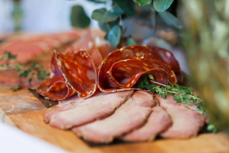 a wooden cutting board topped with sliced meat, by Emma Andijewska, pexels, renaissance, event photography, ivy's, smoked layered, glazed