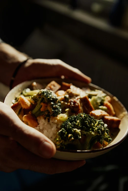 a close up of a person holding a bowl of food, inspired by Géza Dósa, unsplash, broccoli, nepal, square, dinner is served