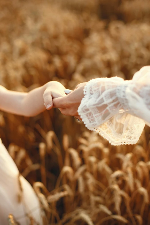 a bride and groom holding hands in a wheat field, inspired by Oleg Oprisco, unsplash, lesbians, uncrop, sunlit, video