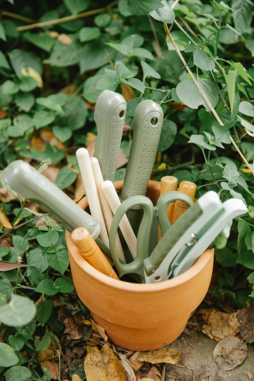 a pot full of gardening tools sitting on the ground, sage green, holding magical kitchen knives, organic ceramic white, collection product