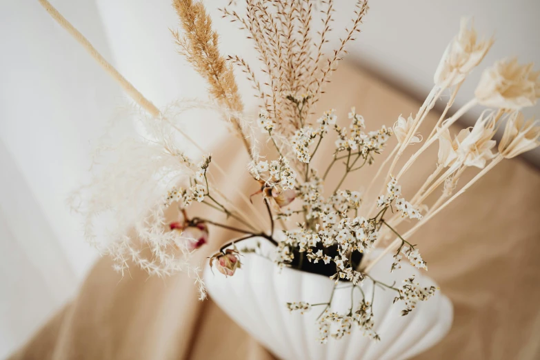 a white vase filled with flowers on top of a table, trending on unsplash, dried plants, beige and gold tones, high quality product photo, gypsophila