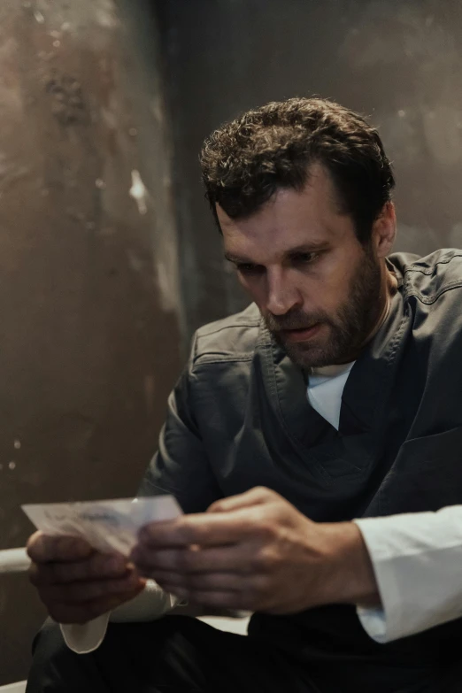 a man sitting on a toilet reading a paper, an album cover, inspired by Einar Hakonarson, unsplash, the expanse tv series, wearing a labcoat, bank robbery movies, dynamic closeup