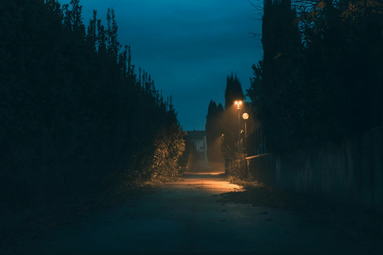 a dark street with a light at the end of it, an album cover, inspired by Elsa Bleda, unsplash contest winner, realism, nighttime nature landscape, alessio albi, blue hour photography, slightly pixelated