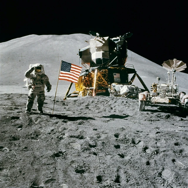 an astronaut standing next to an american flag on the moon, pexels contest winner, modernism, vehicle, various posed, a person standing in front of a, steve wozniak