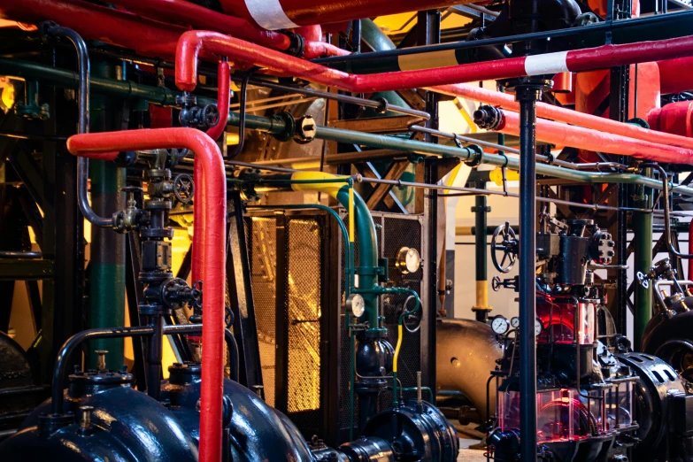 a room filled with lots of pipes and valves, pexels contest winner, black and yellow and red scheme, electrical plant location, thumbnail, a green