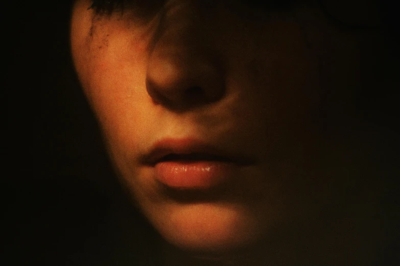 a close up of a woman's face in the dark, an album cover, inspired by Elsa Bleda, hyperrealism, close up of lain iwakura, ultra realistic 8k octan photo, golden hour cinematic, photorealistic 35mm'