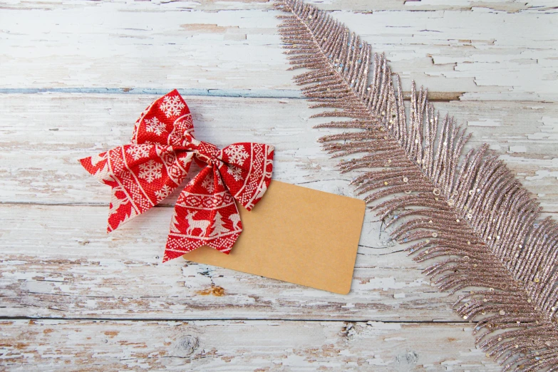 a red and white bow sitting on top of a wooden table, pexels contest winner, hurufiyya, organic ornament, background image, feather, emma bridgewater and paperchase