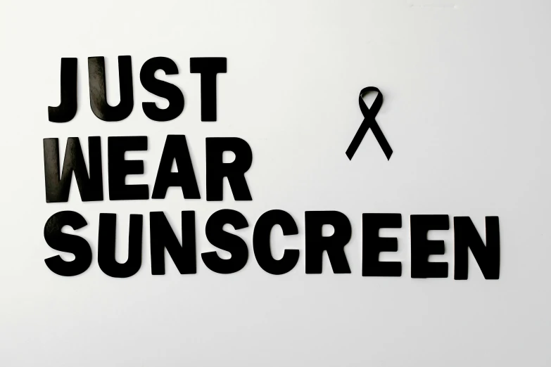 a black and white sign that says just wear sunscreen, a poster, by Jan Rustem, white ribbon, wide-screen, on clear background, close up to the screen
