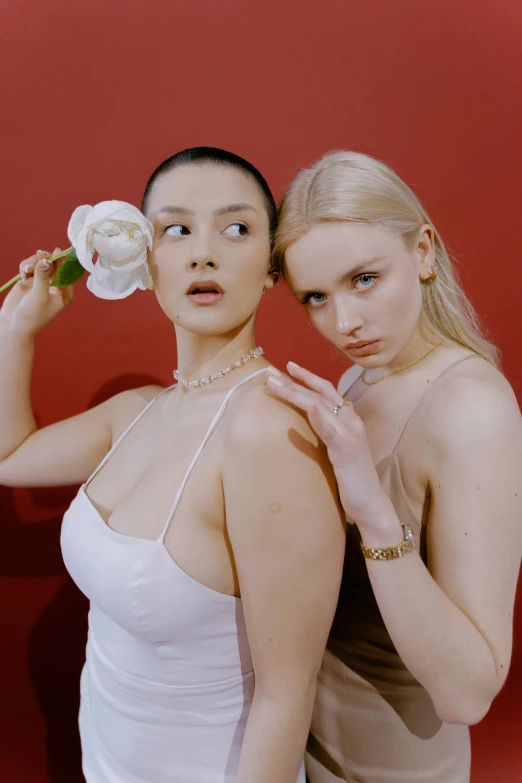 a couple of women standing next to each other, an album cover, inspired by Wang Duo, aestheticism, lily frank, gold and pearl necklaces, flower power, with a white complexion