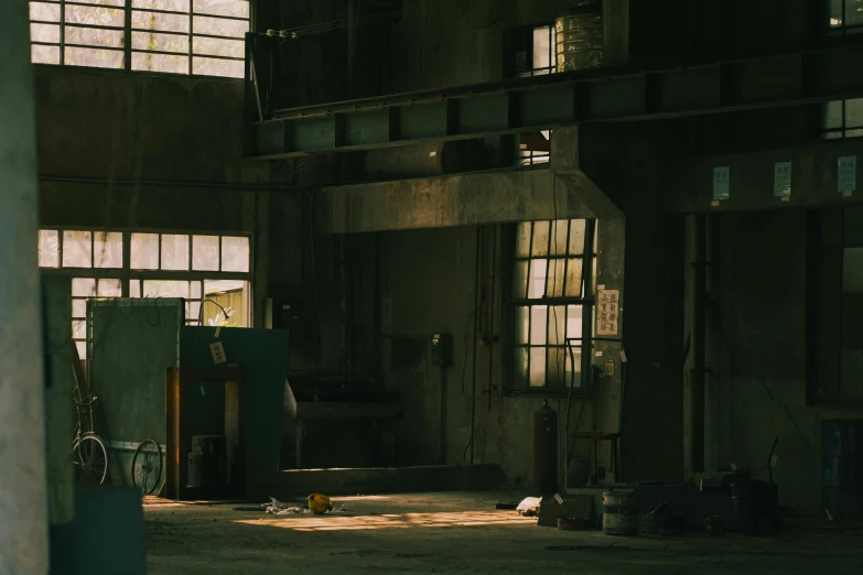 a large industrial building with lots of windows, unsplash contest winner, hyperrealism, standing in a dimly lit room, ((rust)), afternoon sunlight, metal works