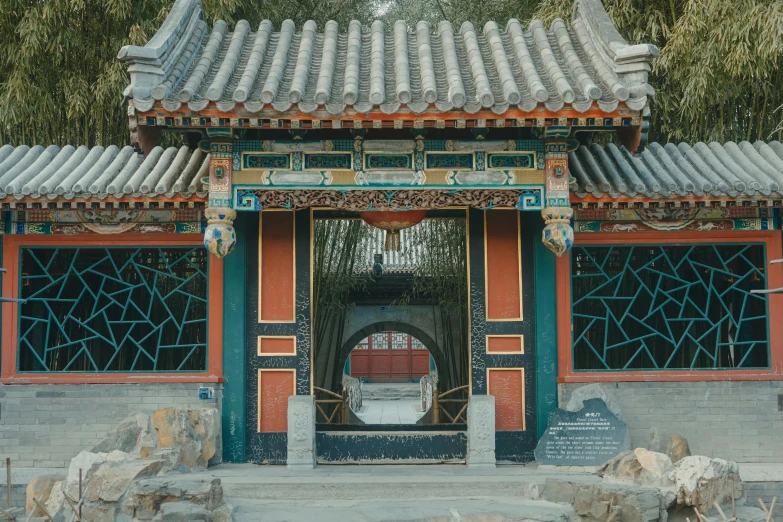 a building with a gate in the middle of it, inspired by An Zhengwen, pexels contest winner, cloisonnism, 2 5 6 x 2 5 6 pixels, ancient temple, coloured photo, college