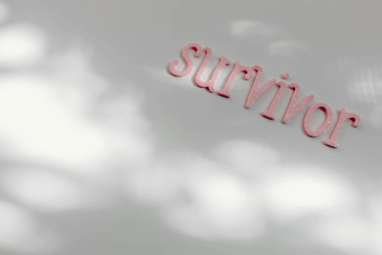 a white laptop with the word survivor written on it, an album cover, inspired by Edward Ruscha, flickr, pink cloud bokeh, rendered in maya 4 d, detail shot, made of glowing wax and ceramic