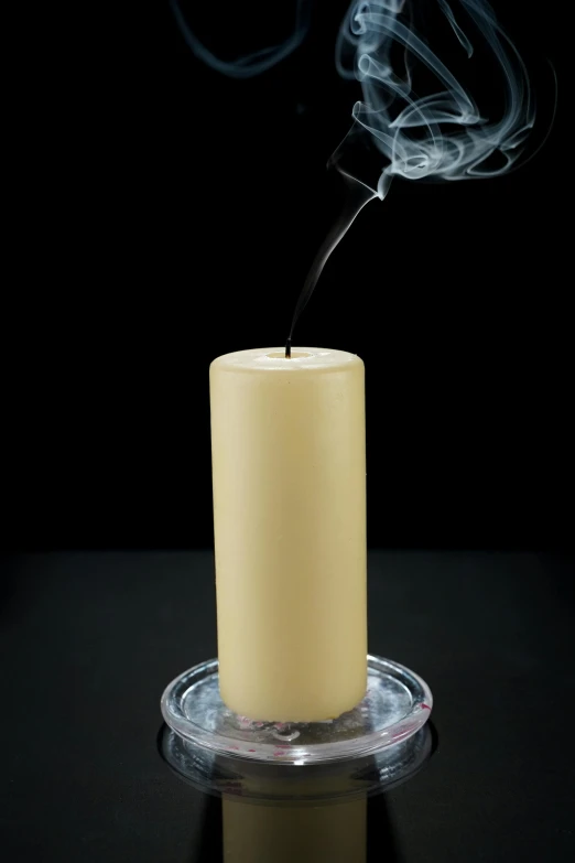 a lit candle with smoke coming out of it, inspired by Marina Abramović, o'neill cylinder, levitation, yellow mist, large tall