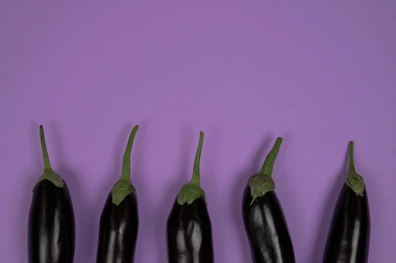a row of eggplant on a purple background, trending on pexels, black, 🦩🪐🐞👩🏻🦳, background image, pepper