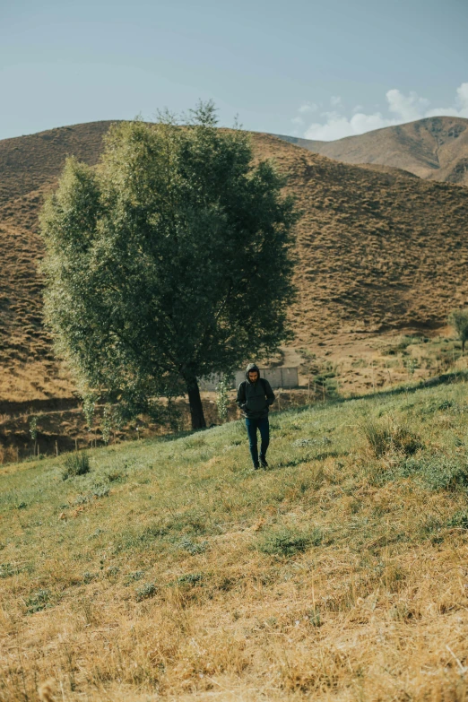 a man standing on top of a grass covered hillside, an album cover, by Sohrab Sepehri, trending on unsplash, les nabis, she is walking on a river, under the soft shadow of a tree, iran, 4 k film still