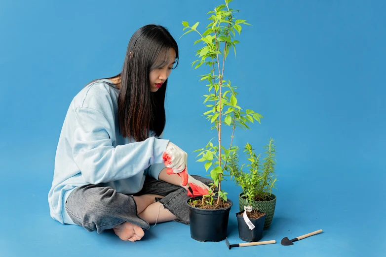 a woman kneeling down next to a potted plant, by Julia Pishtar, pexels contest winner, korean girl, repairing the other one, wearing a neon blue hoodie, avatar image
