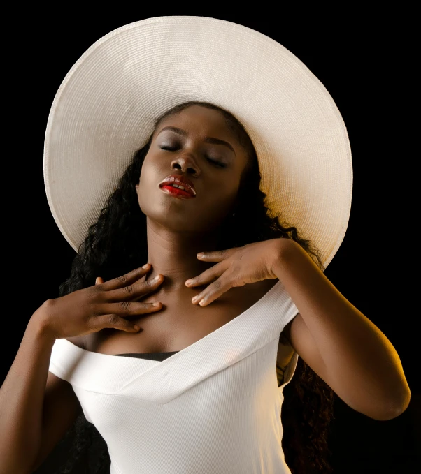 a woman in a white hat poses for a picture, an album cover, by Chinwe Chukwuogo-Roy, pexels contest winner, 8 k sensual lighting, dark skin female goddess of love, porcelain white skin, in elegant decollete