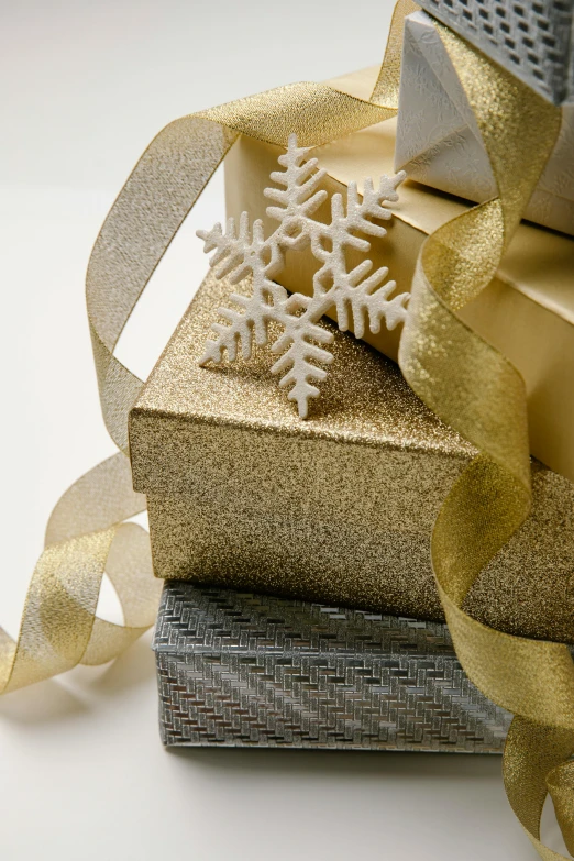 a pile of christmas presents sitting on top of each other, glistening gold, silver，ivory, thumbnail, detail shot